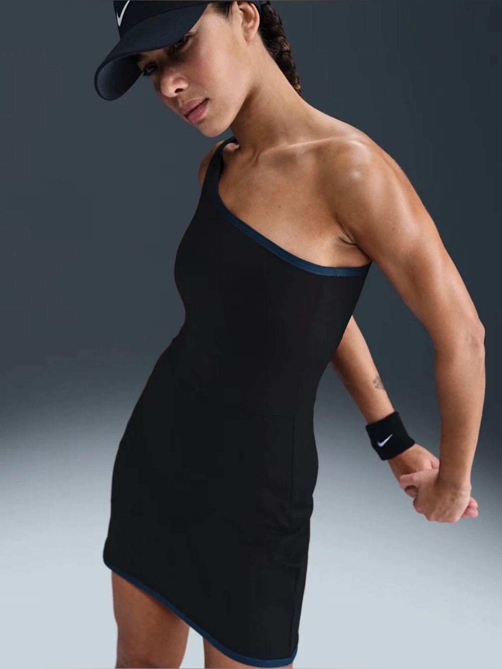 One-Shoulder Black Athletic Dress with Blue Trim